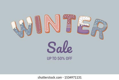 Winter Sale banner with gingerbread cookies on blue background. Colorful gingerbread cookies with snow. Happy new year symbol.Text background. Holiday shopping. Lilac background. Vector banner.