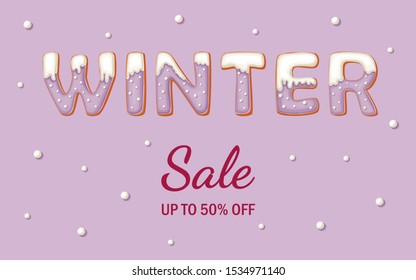 Winter Sale banner with gingerbread cookies on lilac background. Lilac gingerbread cookies with snow. Happy new year symbol.Text background. Holiday shopping. Lilac background. Vector banner.