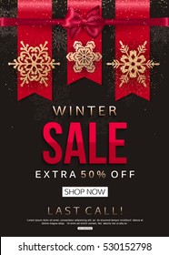 Winter Sale Banner with gold shiny snowflakes. Vector illustration eps 10 format.