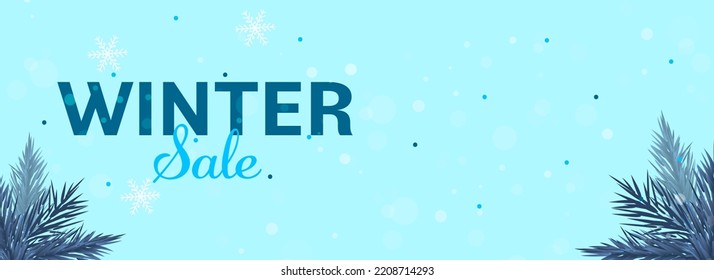 Winter Sale Banner Or Header Design With Snowflakes And Fir Leaves Decorated On Blue Background.