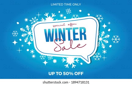 Winter sale banner illustration, snowflakes on abstract blue pattern background