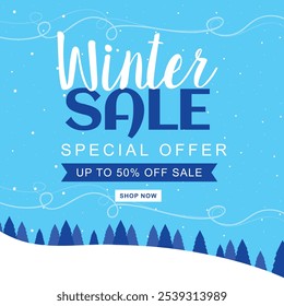 Winter sale banner illustration, snowflakes on abstract blue pattern background