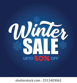 Winter sale banner layout with bold modern text on a blue cold background. Christmas holiday special offer banner, poster, flyer. Winter sale typography greeting card. Big offer up to 50% discount