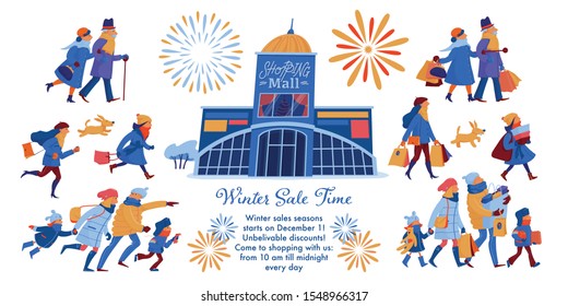 Winter sale banner, leaflet design with people in warm clothes hurrying to shopping mall and leaving it with many shopping bags, horizontal flat cartoon vector illustration on white background