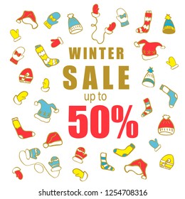 Winter sale banner with many hats, socks, and mittens. Flat cartoon illustration Hand Drawn isolated on white background. Vector illustration
