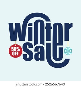 Winter sale banner with modern typography logo and snowflakes. Winter special offer 50% off template for holiday celebartion. Christmas discount greeting card template design. Vector illustration.