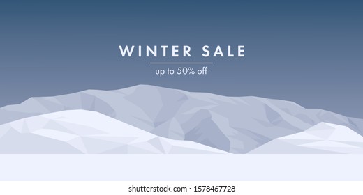 Winter sale banner. Mountain range in cloudy day vector background. Mountain landscape monochrome stock vector illustration. 