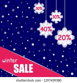 Winter sale banner on background with snowflake. It can be used as a poster, invitation, label or flyer. Vector illustration EPS10.