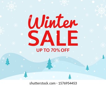 Winter sale banner on blue background. Holiday design with snowflakes, winter landscape and text. Special offer template. Seasonal retail promotion. Vector illustration.