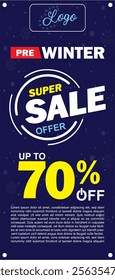 Winter sale banner on vertical blue background with snowflakes. Christmas sale promotion. Vector illustration.