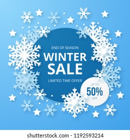 Winter sale banner. Origami snowfall. Vector Illustration.