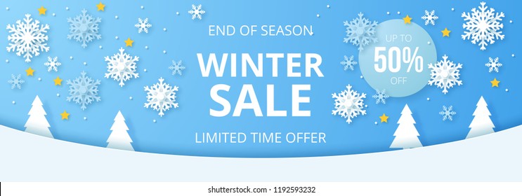 Winter Sale Banner. Origami Snowfall. Vector Illustration.