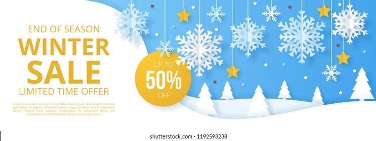 Winter sale banner. Origami snowfall. Vector Illustration.
