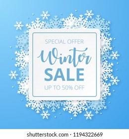 Winter sale banner. Origami snowfall. Vector Illustration.