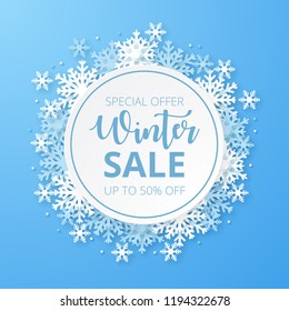 Winter sale banner. Origami snowfall. Vector Illustration.