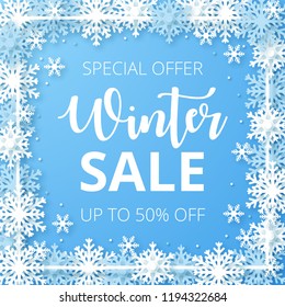 Winter sale banner. Origami snowfall. Vector Illustration.