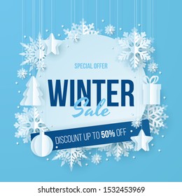 Winter sale banner. Origami snowfall, tree, star, gift, christmas ball. Vector Illustration.