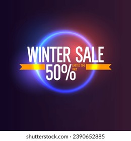 Winter sale banner. Original poster for discount. Geometric shapes and neon glow against a dark background. Vector illustration.