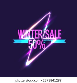 Winter sale banner. Original poster for discount. Geometric shapes and neon glow against a dark background. Vector illustration.