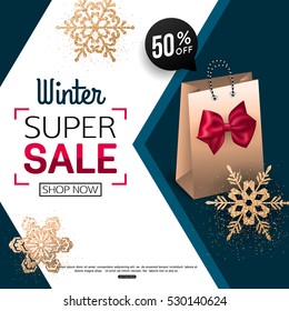 Winter Sale banner with package. Vector illustration