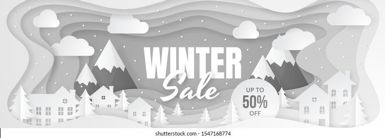 Winter sale banner. Papercut vector design. Vector illustration.