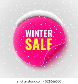Winter sale banner. Pink round sticker. Snow. Vector illustration.
