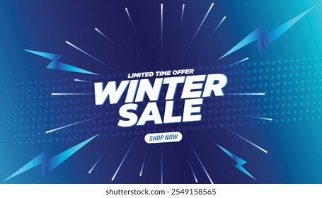 "Winter Sale" banner or poster design on a blue background. Limited-offer Winter sale design for social media posts, website promotions, and Campaigns. Season-end sale campaign.