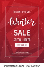 Winter sale banner, poster, flyer template in frame on geometric background. Special seasonal offer. Big Sale. Hand lettering inscription. Vector vertical background in red color