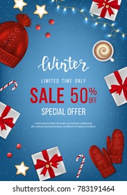 Winter sale banner, poster, flyer template. Realistic paper gift boxes with red bows, hat, mittens, garland, sweets, coffe on a blue background. Discount seasonal offer. Vector illustration. Top view