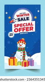 Winter sale banner poster with snowman