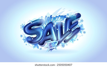 Winter sale banner or poster vector mockup with snowflakes and 3D lettering, seasonal promotion template for winter time