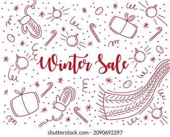 Winter sale banner, red items. doodle style, promotion, gifts, holidays, scarf, candies, tangerines, balls, mittens, online shopping