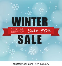 Winter sale banner with red ribbon, vector illustrator.