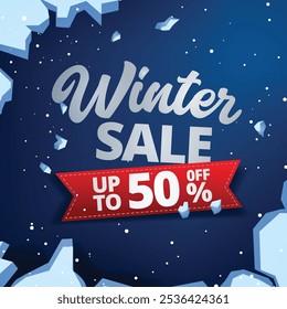 Winter sale banner with red ribbon. Vector illustration