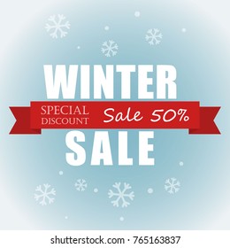 Winter sale banner with red ribbon, vector illustrator.