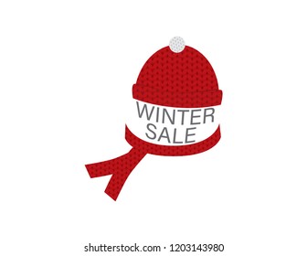 WINTER SALE banner. Red and White hat and scarf wool pattern on White background