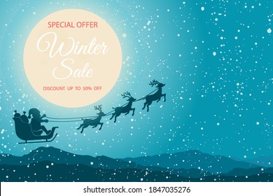 Winter sale banner. Santa Claus flying with deer on winter landscape and white snowflakes background.