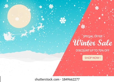 Winter sale banner. Santa Claus flying with deer on winter landscape and white snowflakes background.