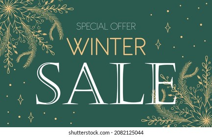 winter sale banner set, vectors, text, snowflakes, discounts, christmas discount winter promotion, online sale banner green background