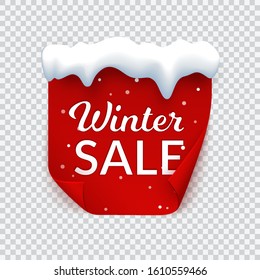 Winter sale banner with snow cap, red paper page with bent corners and snow, isolated vector illustration of square red label for promo, flyer, price tag. 