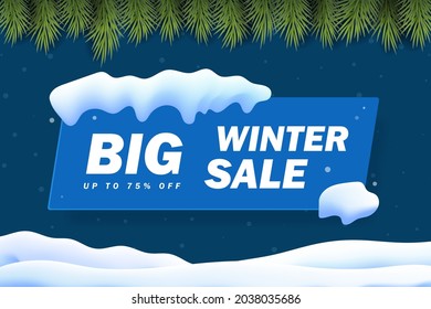 Winter Sale banner With Snow Cap, Snowflake And Glitter Background. Gradient Mesh snow and christmas tree border landscape. Vector Illustration.