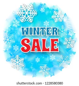 Winter Sale banner. Snowflakes and Winter Sale phrase on light blue background. Vector illustration.