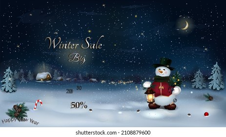 banner de venta de invierno con snowman y paisaje nocturno