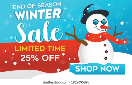 Winter sale banner. snowman wears a cap and scarf. winter sales with a blue color background with trees and snowflakes for seasonal promotion vector illustration