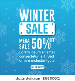 winter sale banner for social media with blue gradient background and snowflake theme.