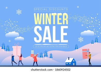 Winter sale banner. social network banner. banner design with white snowflakes. Customers celebrating sale Vector.