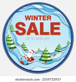 Winter Sale banner, Stylish Retro Holiday Scene, Santa, Gifts, Christmas Trees, presents, Winter Sale inscription in Paper-Cutout Geometric Design