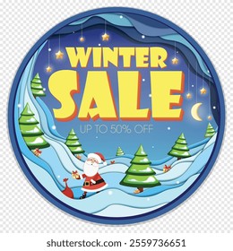 Winter Sale banner, Stylish Retro Holiday Scene, Santa, Gifts, Christmas Trees, presents, Winter Sale inscription and Moonlit Sky in Paper-Cutout Geometric Design