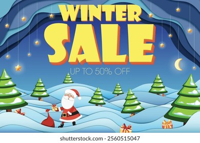 Winter Sale banner, Stylish Retro Holiday Scene, Santa, Gifts, Christmas Trees, presents, Winter Sale inscription and Moonlit Sky in Paper-Cutout Geometric Design