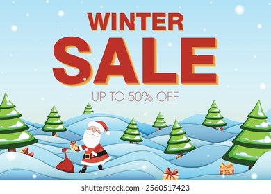 Winter Sale banner, Stylish Retro Holiday Scene, Santa, Gifts, Christmas Trees, presents, Winter Sale inscription in Paper-Cutout Geometric Design